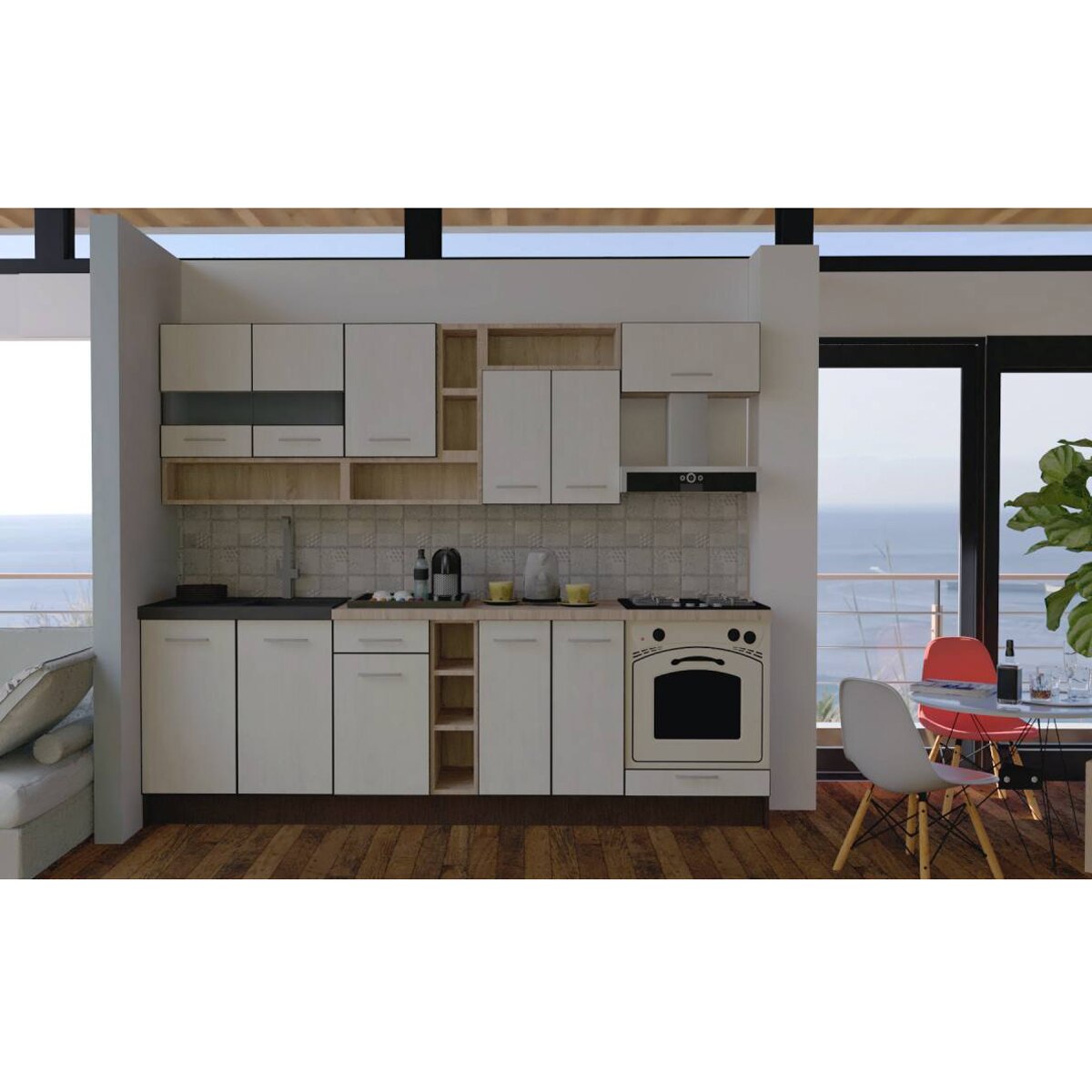 Set Bucatarie Genarom Cossy New 260 Wenge / Sosna Norweska, 260 x 200 - 230 x 60 cm