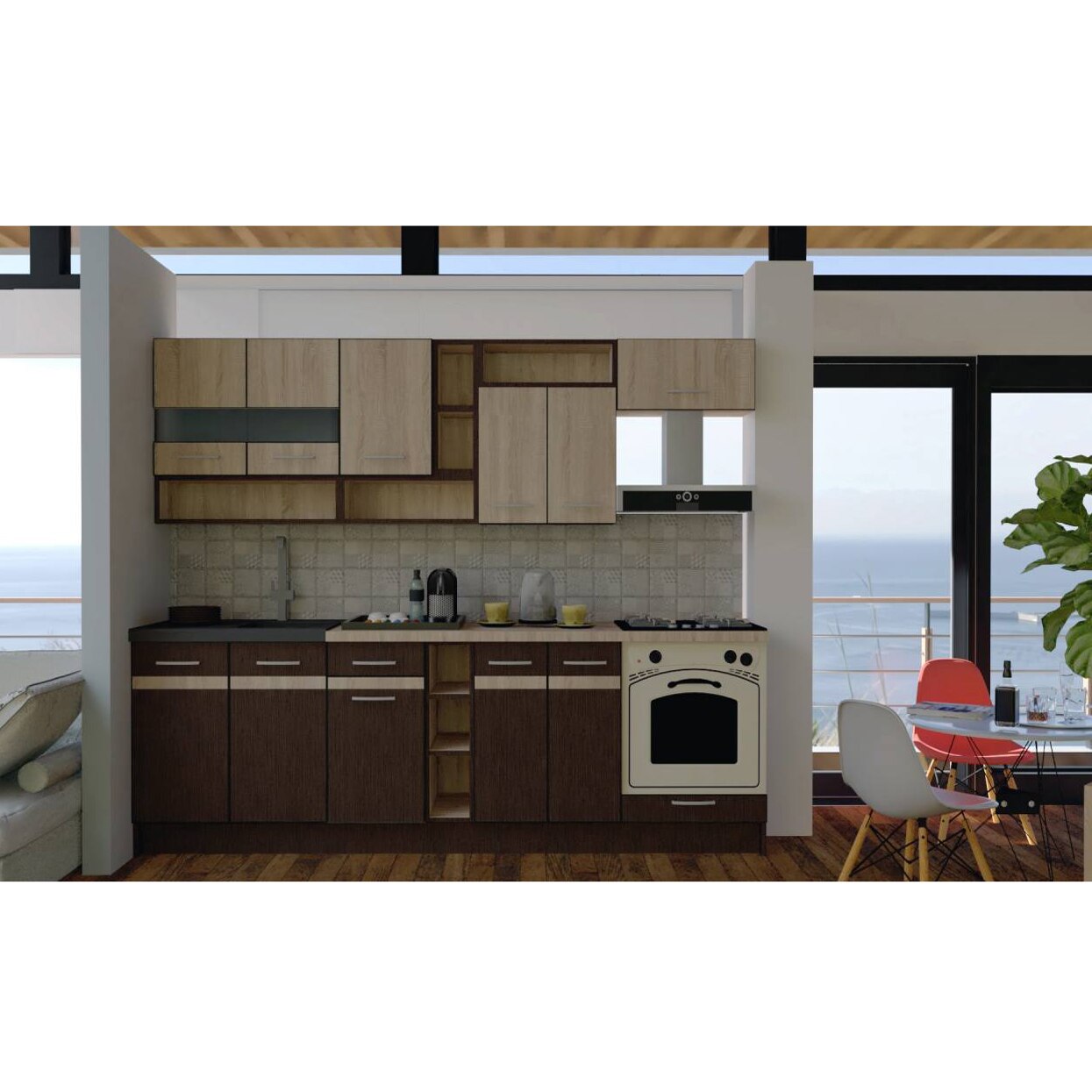 Set Bucatarie Genarom Cossy New 260 Wenge / Stejar Sonoma, 260 x 200 - 230 x 60 cm