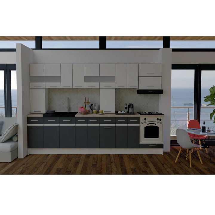 Set Bucatarie Genarom Max New 340 Alb / Gri , 340 x 205 - 230 x 60 cm