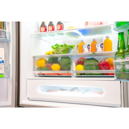 Side by side Toshiba GR-RF692WE-PMJ, FrenchDoor, 535l, Clasa E, No Frost, Control electronic, Iluminare LED, Plasma, Pure sterilization, Dual cooling, Dual inverter, Antracit