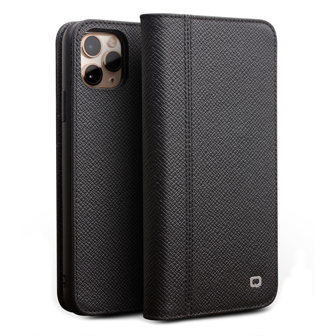 Husa iPhone 11 Pro Max, Qialino, multifunctionala 2 in 1 din piele naturala, tip carte + back cover, stand, culoare Negru