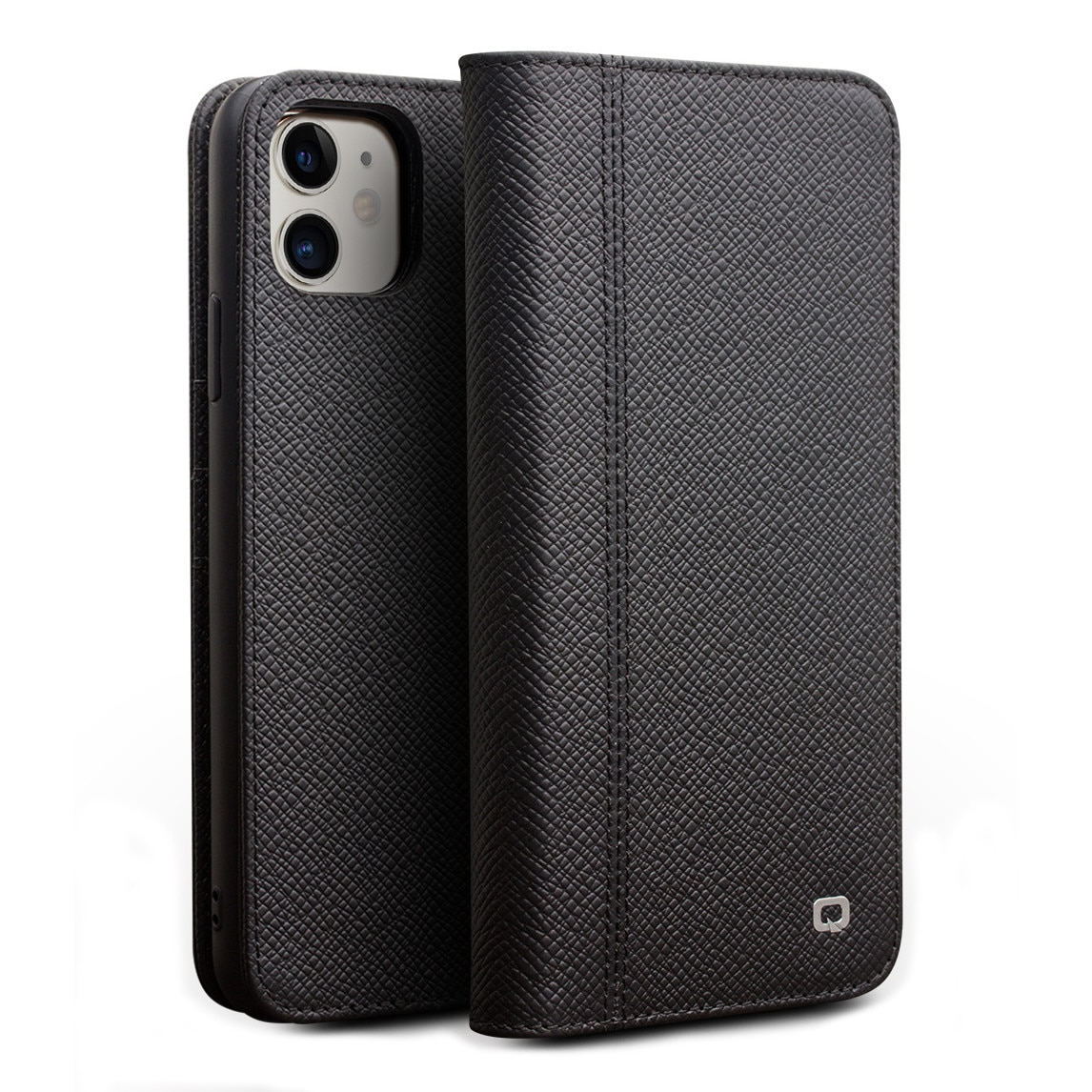 Husa iPhone 11, Qialino, multifunctionala 2 in 1 din piele naturala, tip carte + back cover, stand, culoare Negru