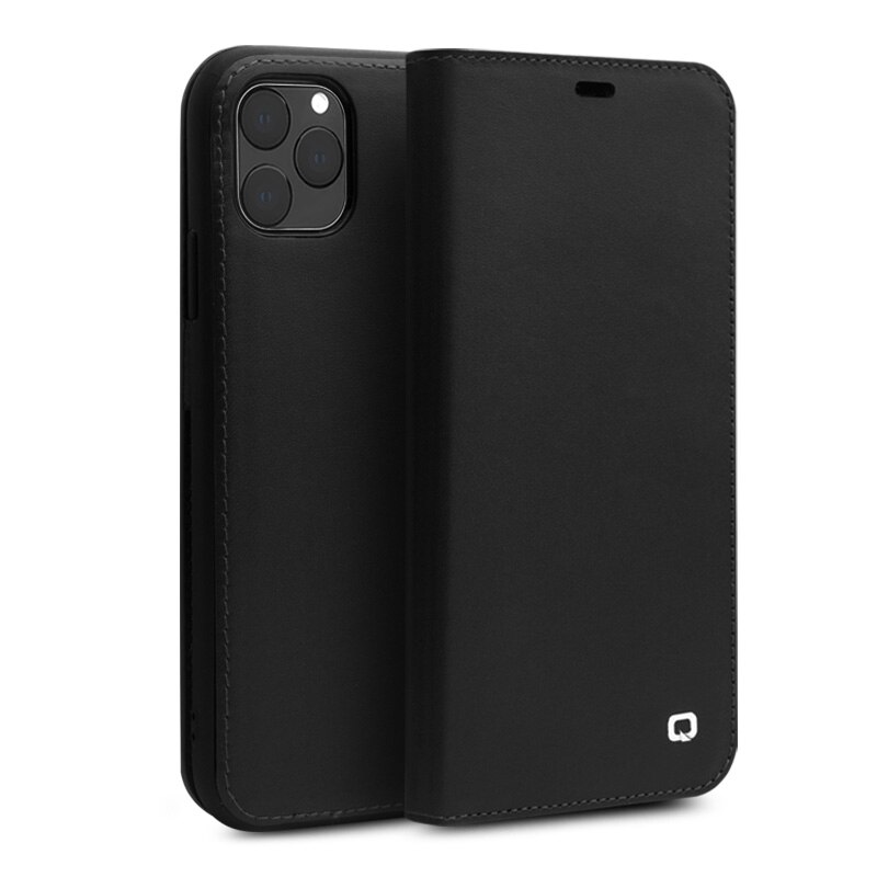 Husa iPhone 11 Pro Max, Qialino Business Classic, din piele naturala, tip carte, cu buzunare carduri, culoare Negru