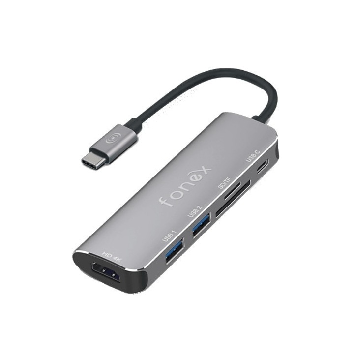 Alumínium adapter C típusú csatlakozással és kimenettel 6 porttal, szürke - Fonex