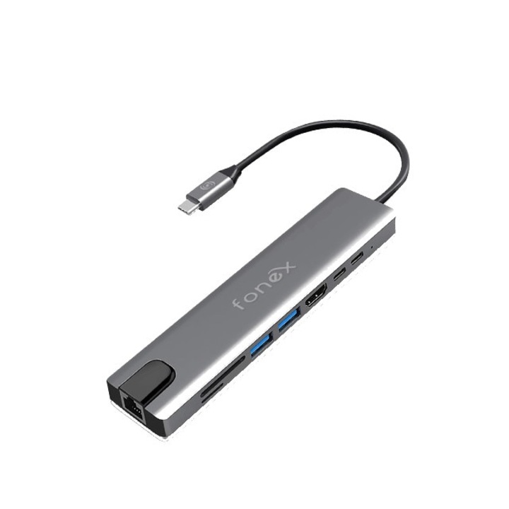 Alumínium adapter C típusú csatlakozással és kimenettel 8 porttal, szürke - Fonex