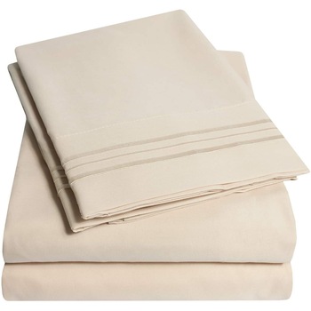 Set lenjerie de pat, cearceaf cu elastic, brodata, bumbac 100%, pat dublu, bej Set lenjerie de pat, cearceaf cu elastic, brodata, bumbac 100%, pat dublu, bej