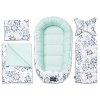 Set 5 piese Bellochi cosulet bebe, lenjerie, salteluta si perna bebe - Mint Berry - flori, gri/mint