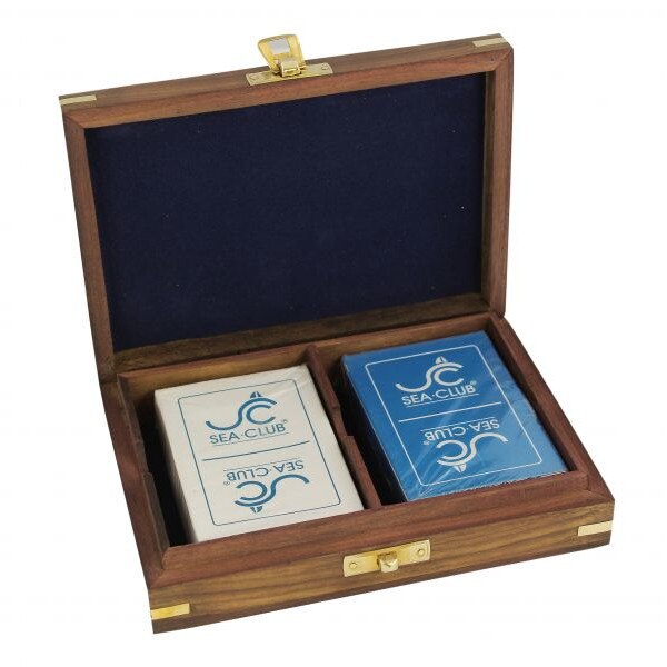 Joc de carti Sea Club in cutie de lemn,2 bucati, insertii din alama,15.5x11.5x4cm