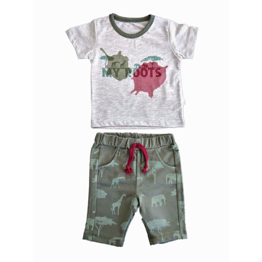 Set 2 piese, tricou si pantaloni, Bebetto - Safari Day, Kaki/Gri