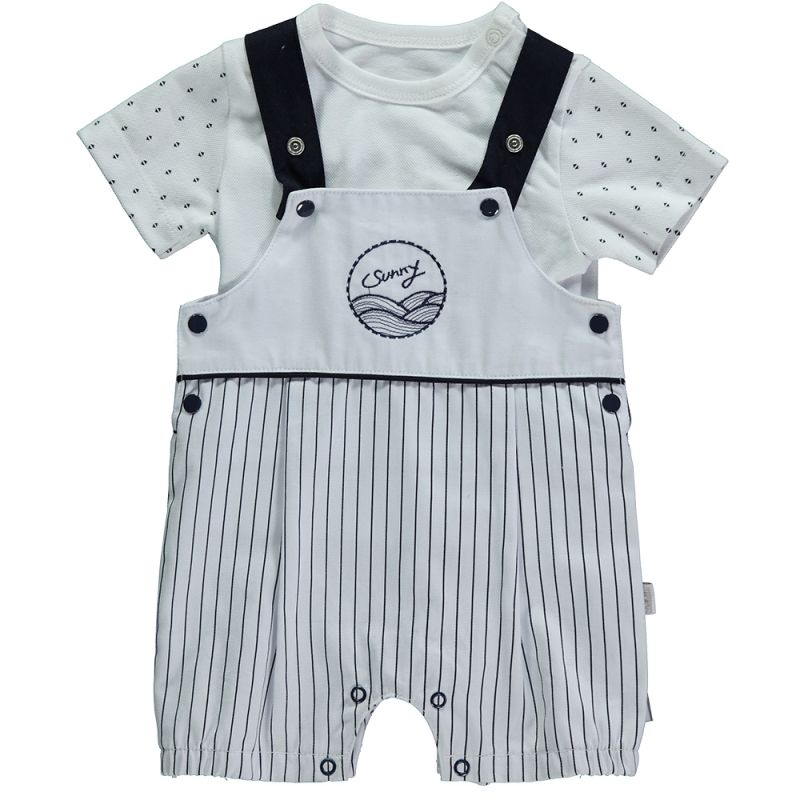 Set 2 piese, salopeta si tricou, Bebetto - Sunny, Alb/Bleumarin