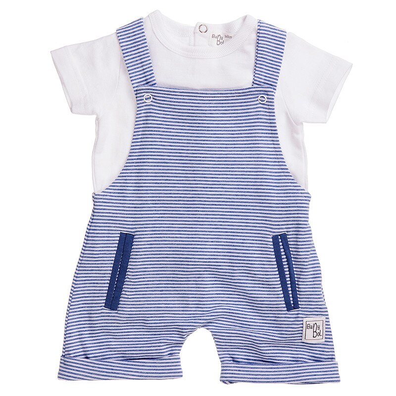 Set salopeta si tricou in dungi alb-albastru varsta 1 luna 56 cm