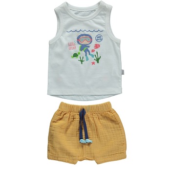 Set 2 piese, maiou si pantalon scurt, Bebetto, Colorful Sail, Mustar / Alb Set 2 piese, maiou si pantalon scurt, Bebetto, Colorful Sail, Mustar / Alb