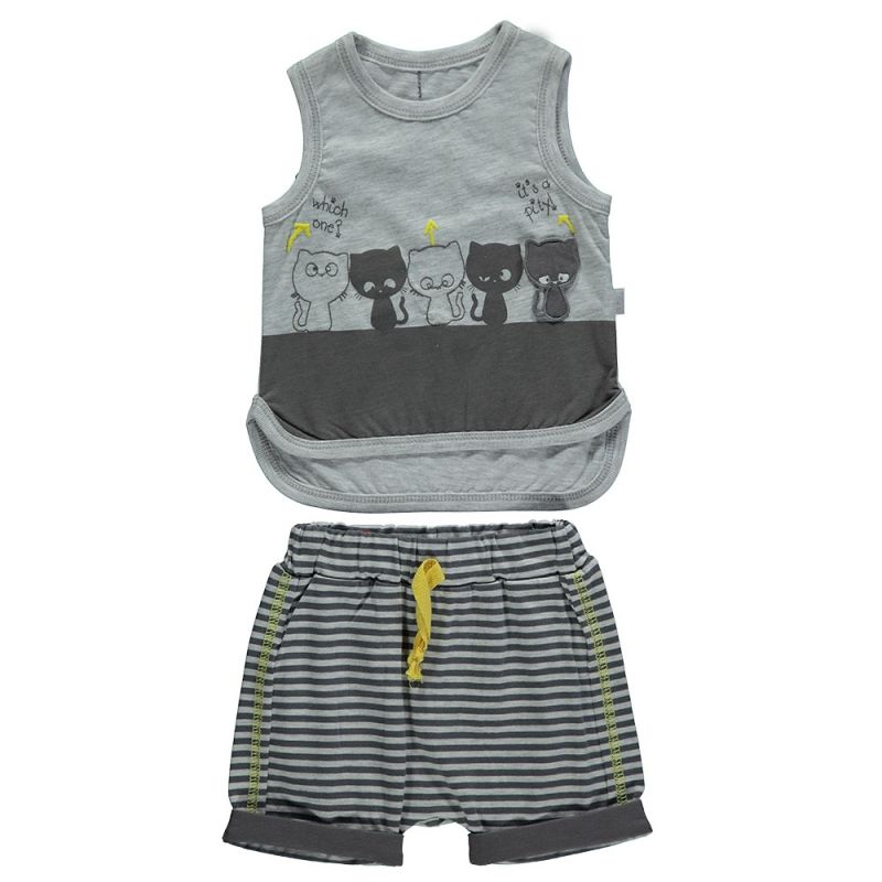 Set 2 piese, maiou si pantalon, bumbac, Bebetto, Talking Cats, Gri inchis