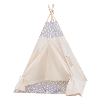 Cort de joaca pentru copii Springos Teepee Zigzag Grey Clouds XXL, include salteluat si perne Cort de joaca pentru copii Springos Teepee Zigzag Grey Clouds XXL, include salteluat si perne