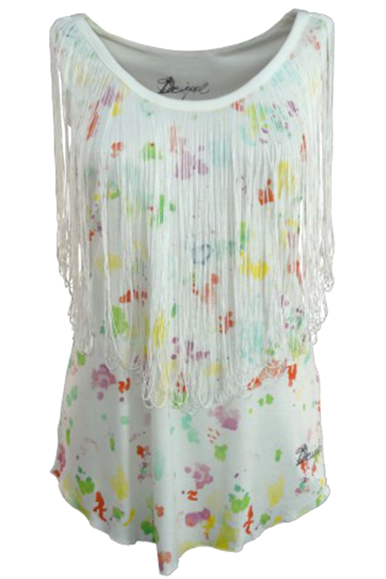 Top lejer cu aplicatii cu franjuri, Desigual, Alb, L