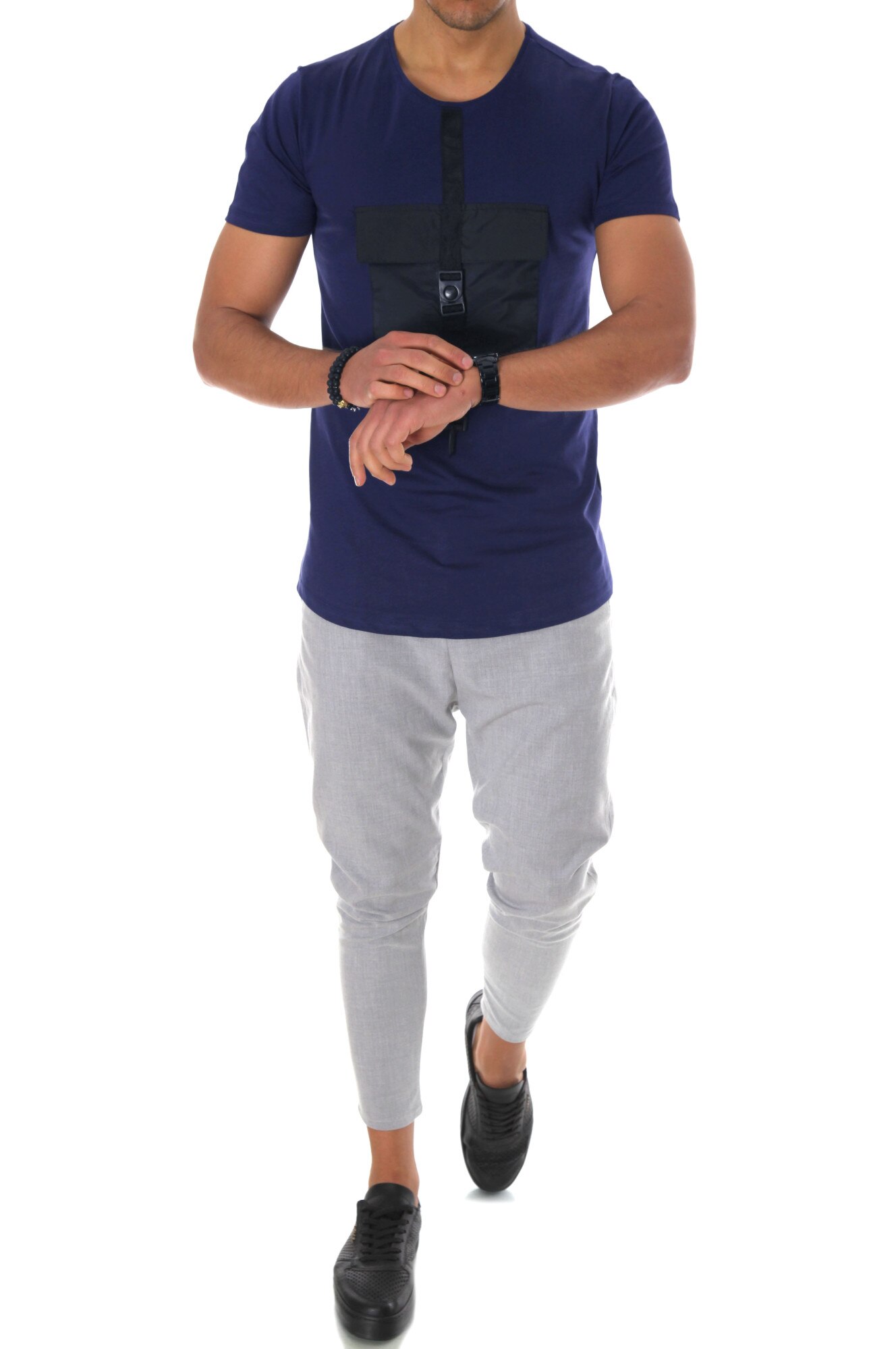 Tricou bleumarin A9281, slim fit, pentru barbati, fashion, Bleumarin