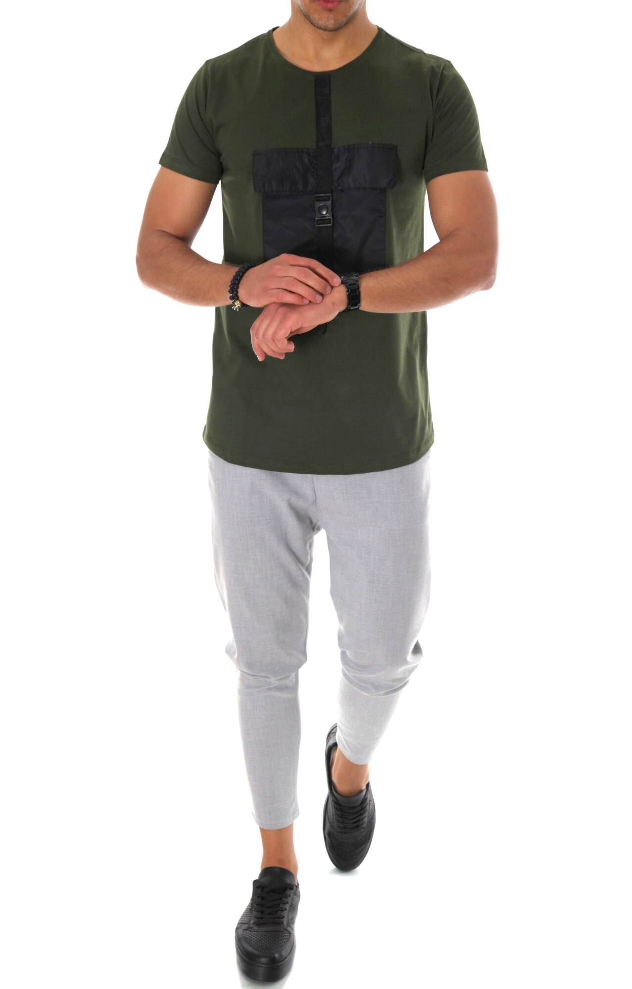 Tricou kaki A9282, slim fit, pentru barbati, fashion, Kaki