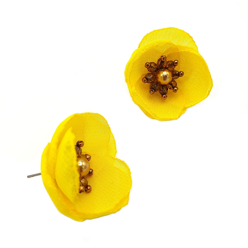 Cercei galbeni floare textila, handmade, Happy, Zia Fashion