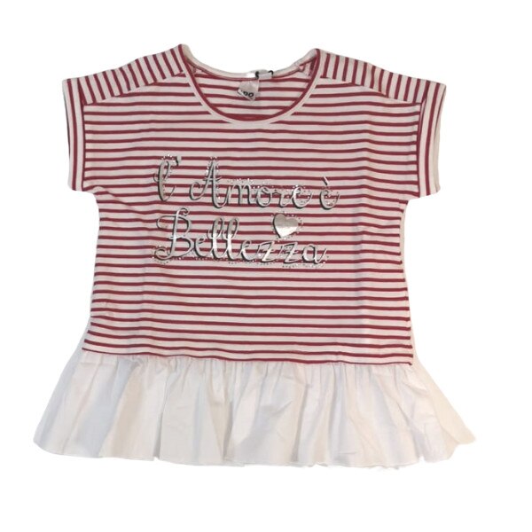 Tricou fete iDO, rosu cu alb in dungi si volan