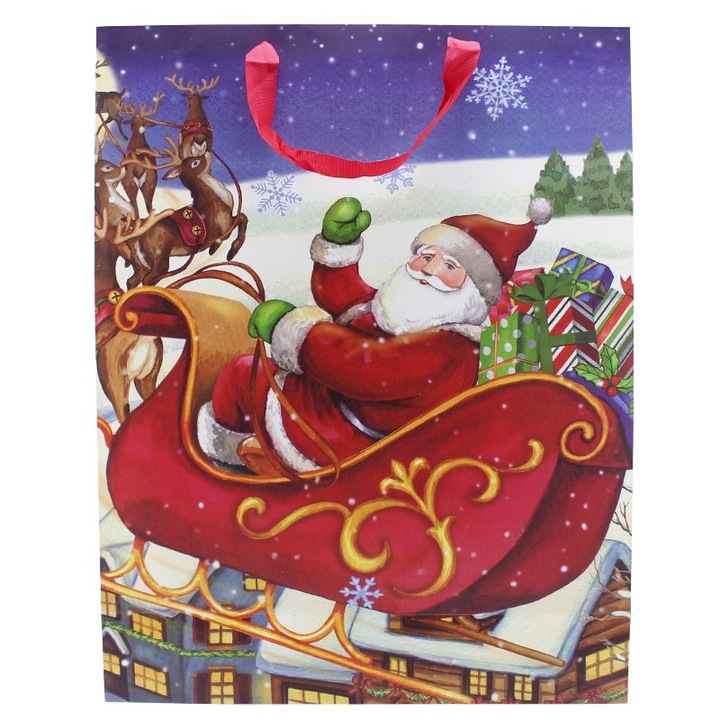Подаръчна торба за Дядо Коледа, ProCart, 43x55x15 см, различни щампи, дръжка панделка, матирана хартия