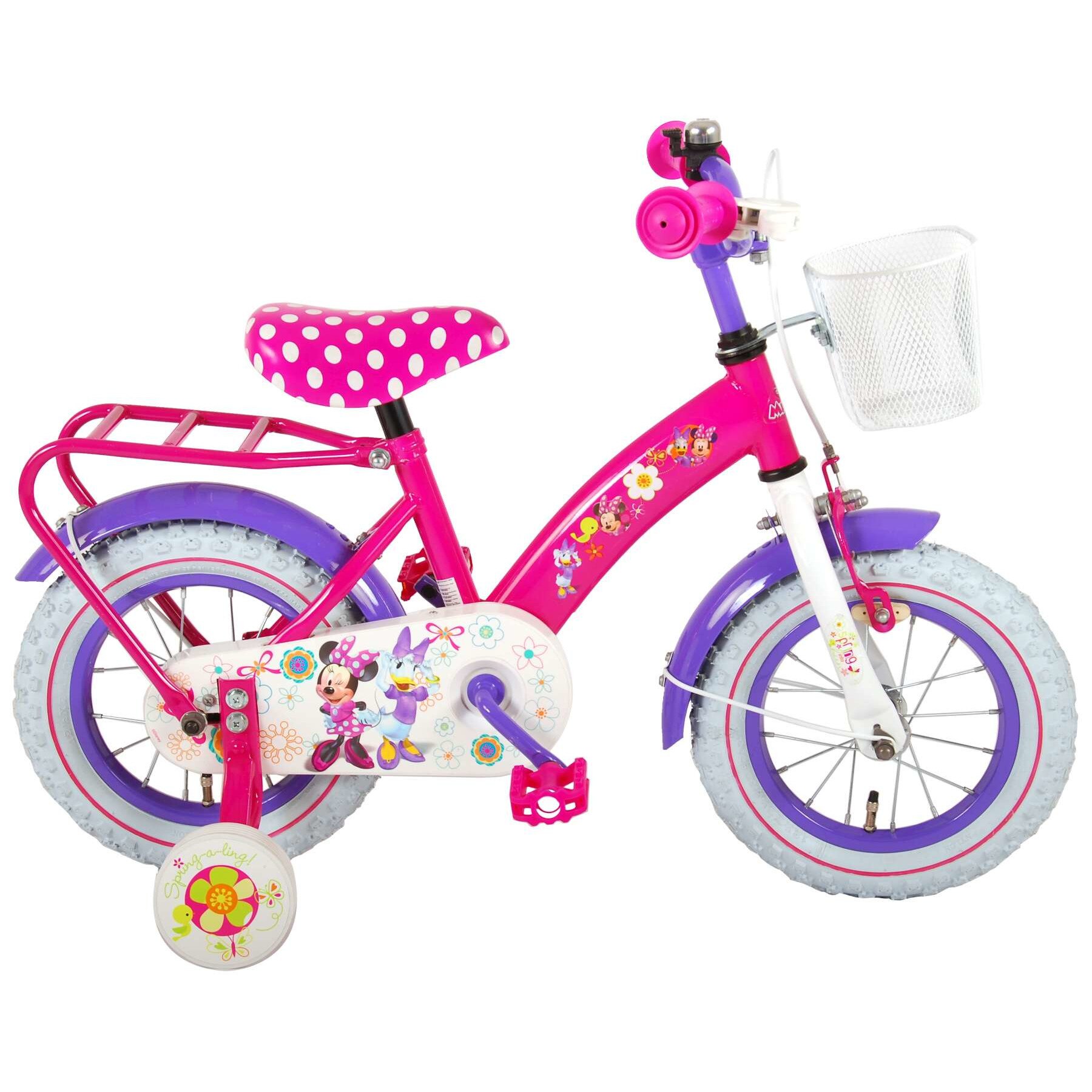 Bicicleta pentru fete Volare Minnie Mouse 31226, 12 inch cu roti ajutatoare, frana de mana, cosulet si portbagaj