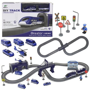 Set Trenulet de Jucarie, PoliceTrain, Locomotiva Electrica, Include Masina de Politie si Elicopter, cu Semne de Circulatie si Politist, 66 Piese, Albastru Set Trenulet de Jucarie, PoliceTrain, Locomotiva Electrica, Include Masina de Politie si Elicopter, cu Semne de Circulatie si Politist, 66 Piese, Albastru