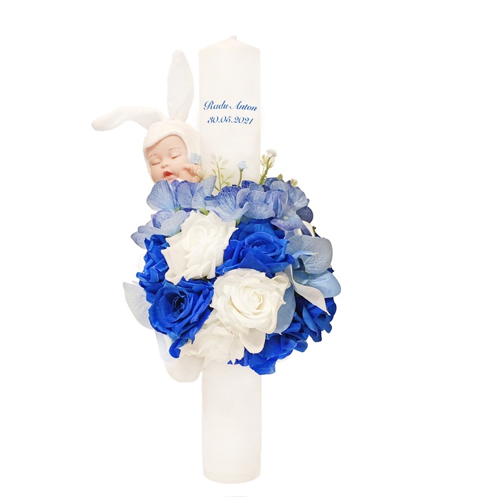 Lumanare botez, 40 cm, baietel, Eventissimi, cu flori si somnoros, albastru / alb