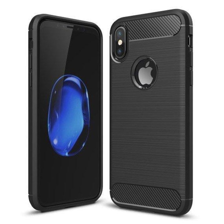Противоударен Силиконов Калъф за iPhone XS Max, FORCELL Carbon Case, Черен