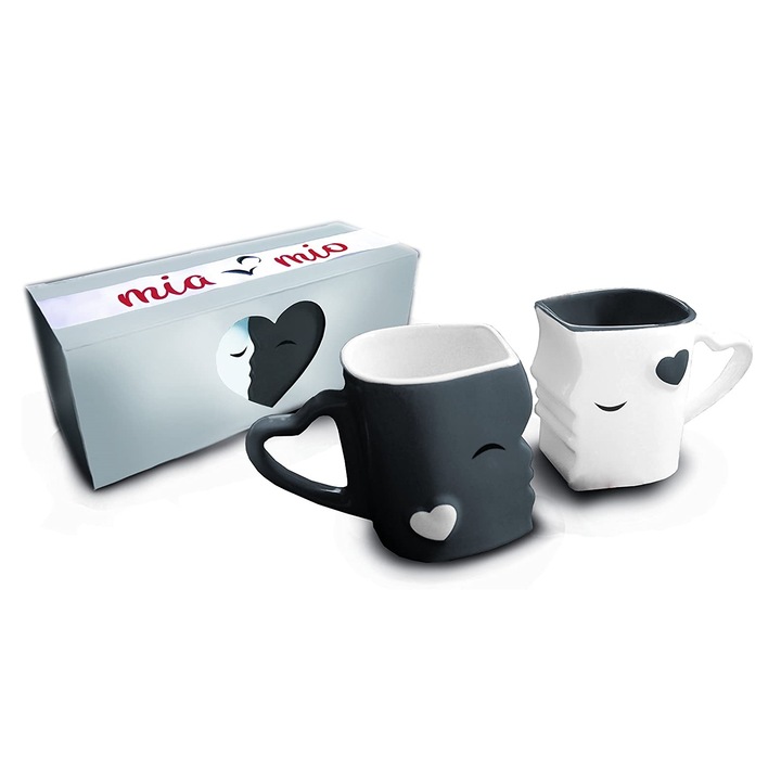 Set 2 cani de cafea Mia Mio, Kissing Mugs, Ceramica, Alb/Gri, 300 ml