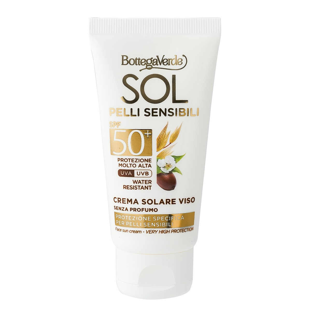 Crema cu protectie solara SPF 50, cu ulei de jojoba si lapte de ovaz - Sol Pelli Sensibili, 50 ML, Bottega Verde