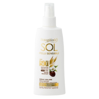 Spray pentru plaja cu ulei de jojoba si lapte de ovaz, SPF50, rezistent la apa - Sol Pelli Sensibili, 200 ML, Bottega Verde Spray pentru plaja cu ulei de jojoba si lapte de ovaz, SPF50, rezistent la apa - Sol Pelli Sensibili, 200 ML, Bottega Verde