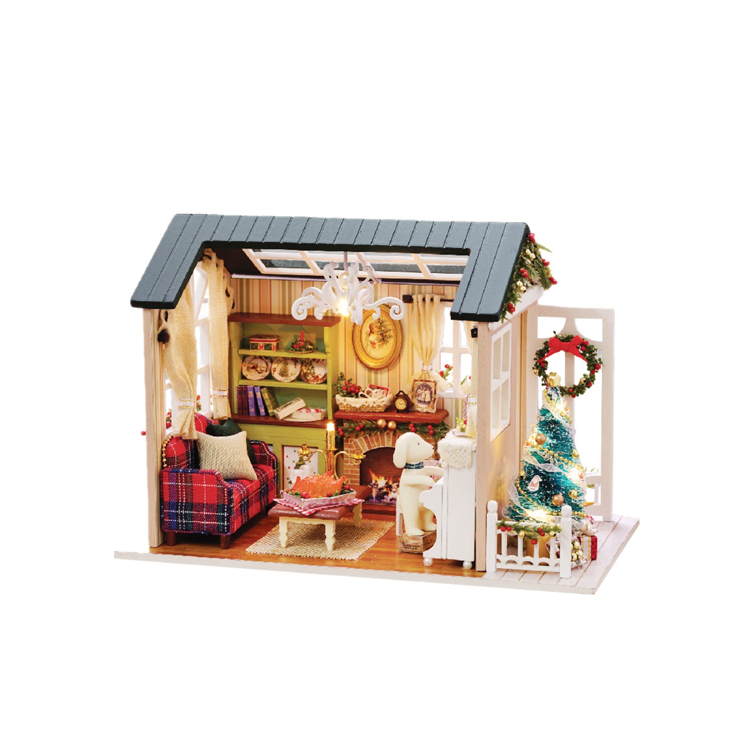 Casa de papusi mini 3D, Model Craciun, Led, Lemn, Multicolor