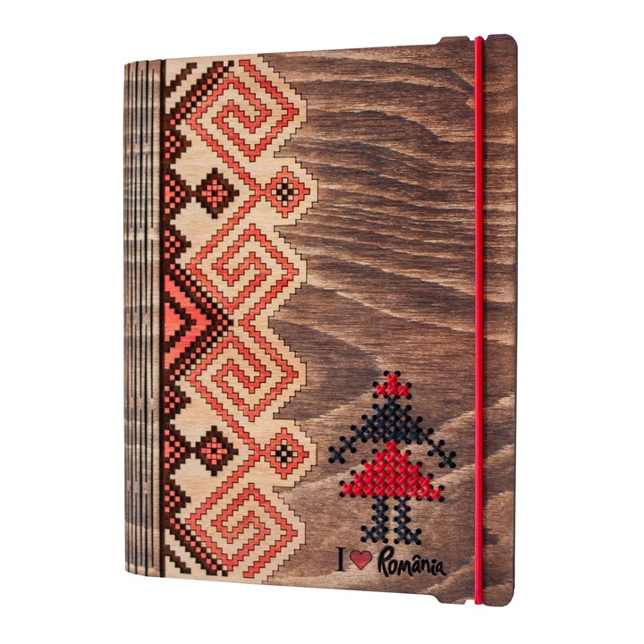 Agenda din lemn A5 VintageBox personalizata prin gravura si cusatura incrucisata model "Tarancuta" multicolor