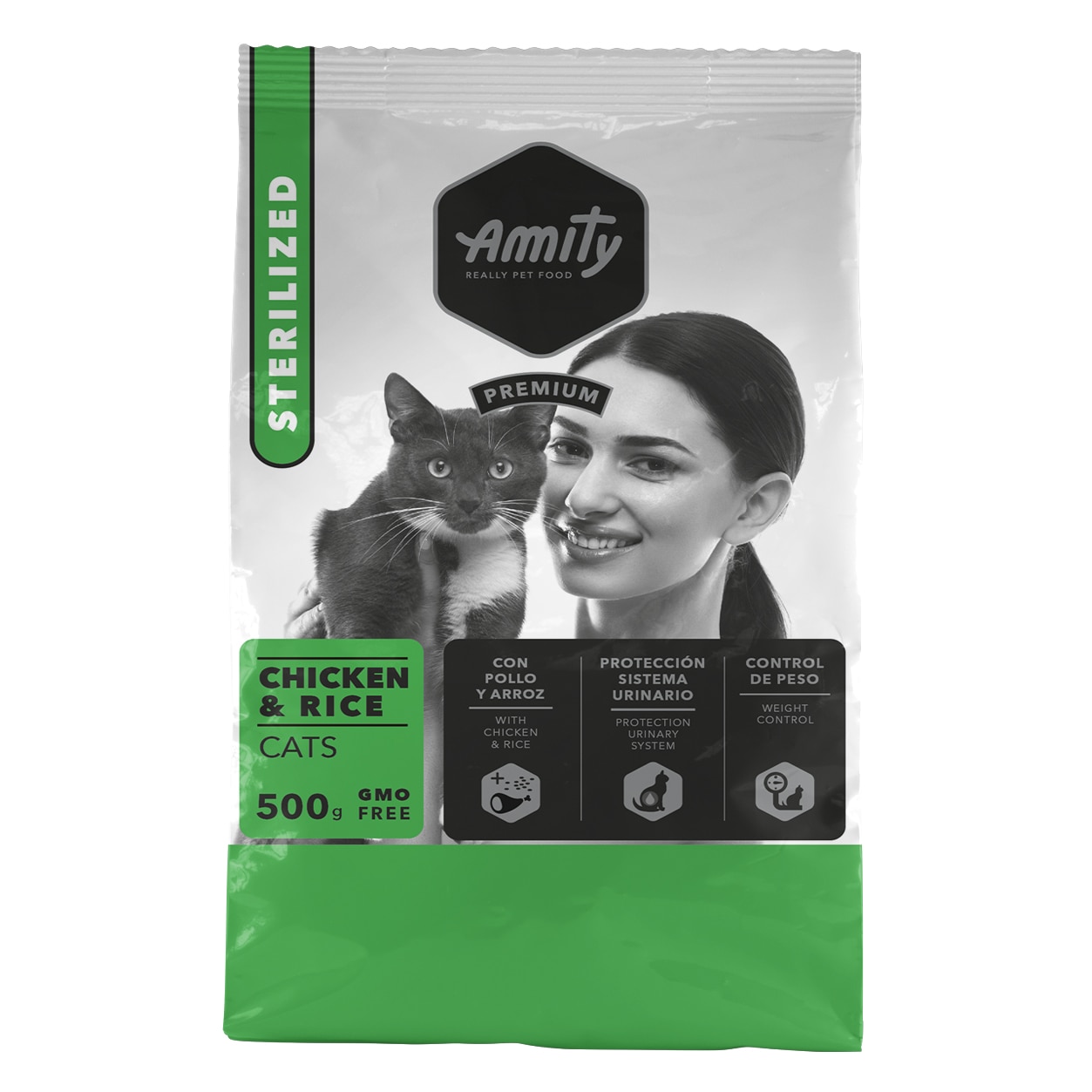 Hrana uscata pentru pisici Amity Premium Adult Sterilizat Pui&Orez, 0.5 kg