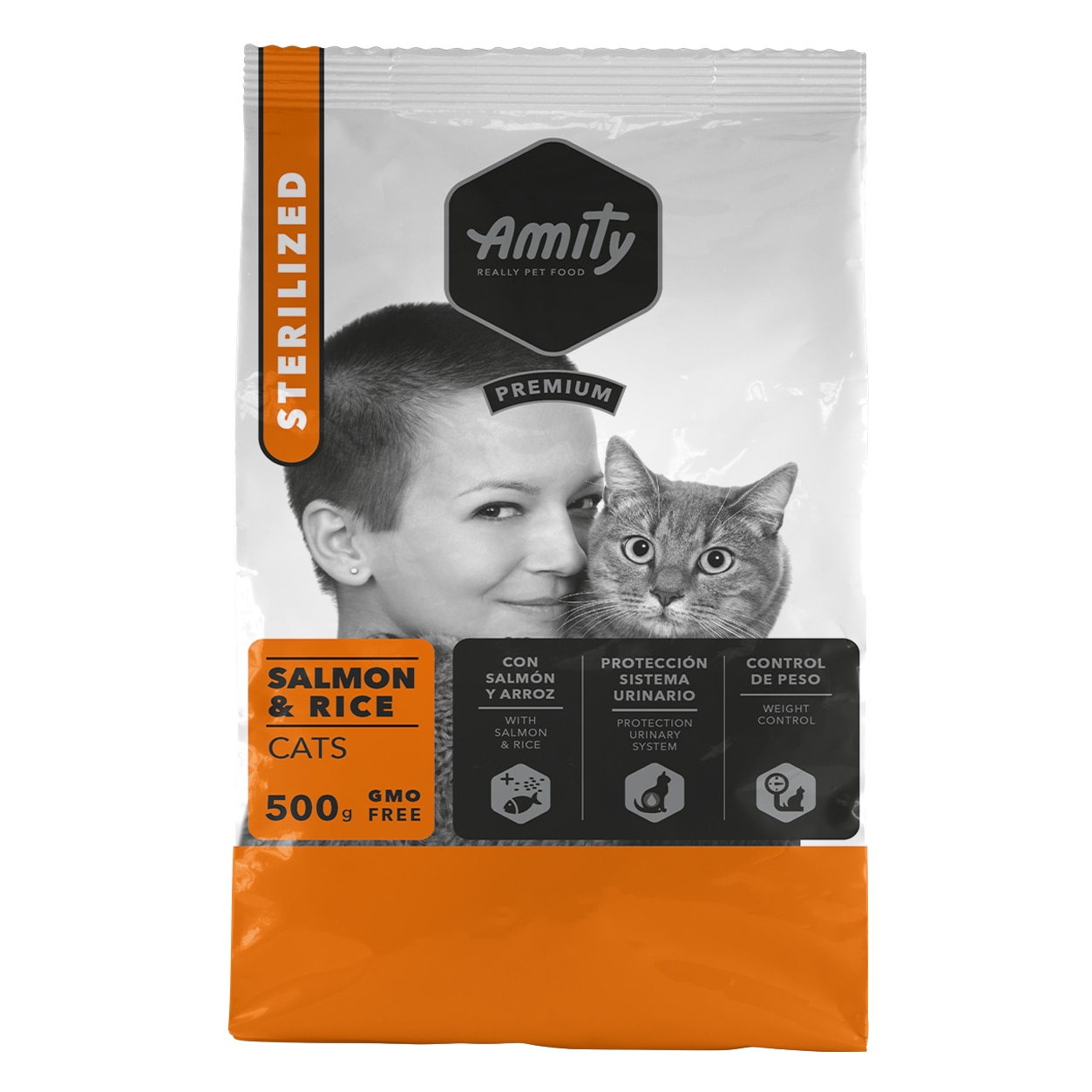 Hrana uscata pentru pisici Amity Premium Adult Sterilizat Somon&Orez, 0.5 kg