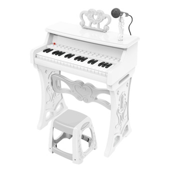 Pian electronic pentru copii cu scaunel si microfon, functie de inregistrare si redare, suport portativ, 37 de clape, 22 de melodii, alb Pian electronic pentru copii cu scaunel si microfon, functie de inregistrare si redare, suport portativ, 37 de clape, 22 de melodii, alb