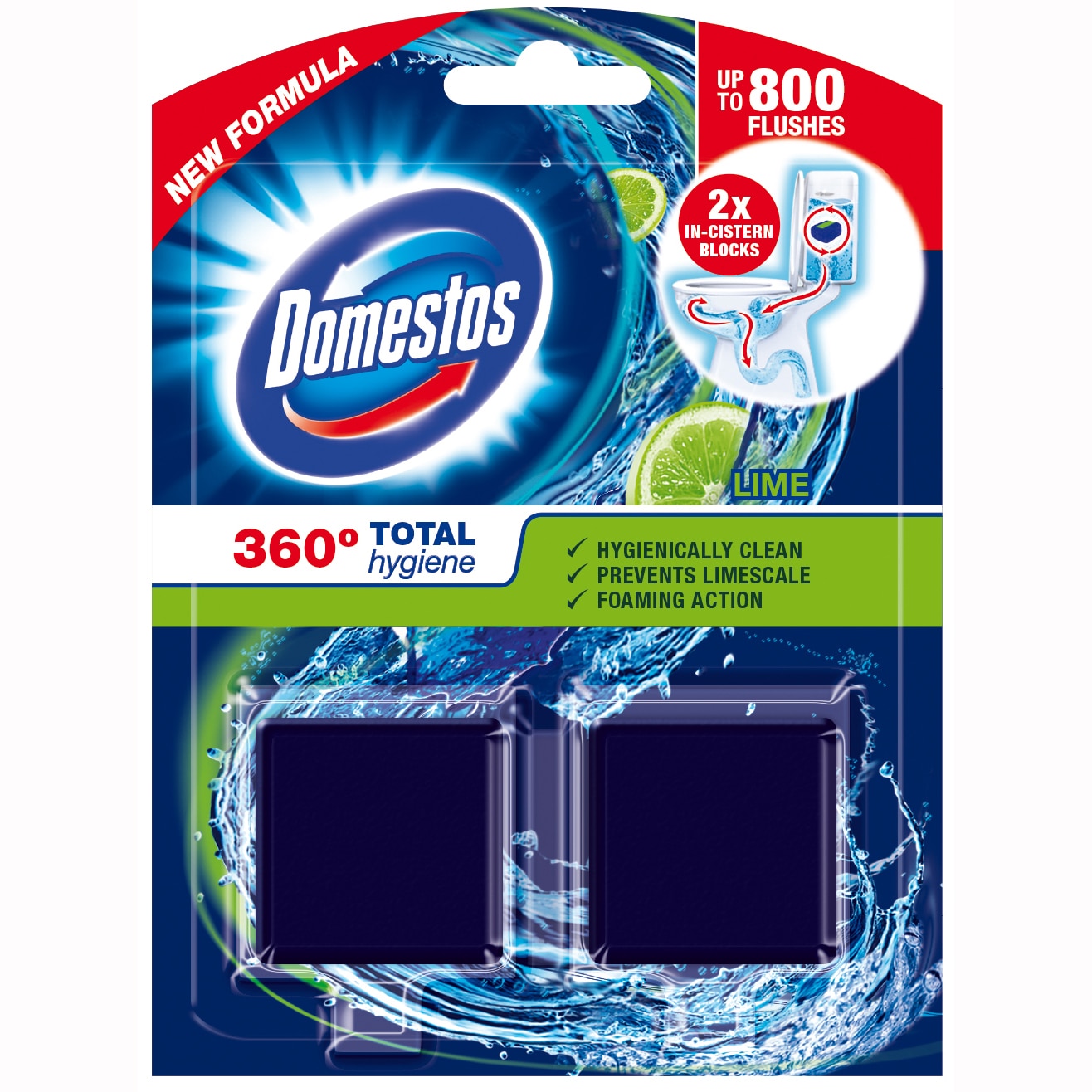 Tablete pentru bazinul toaletei Domestos Total Hygiene, Lime, 2x50 g