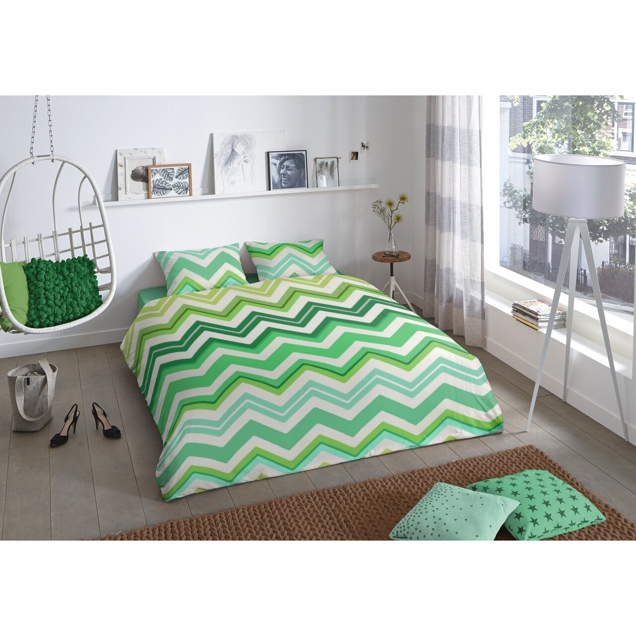 Lenjerie de pat pentru doua persoane, Good Morning Zigzag, 100% bumbac, 3 piese, multicolor
