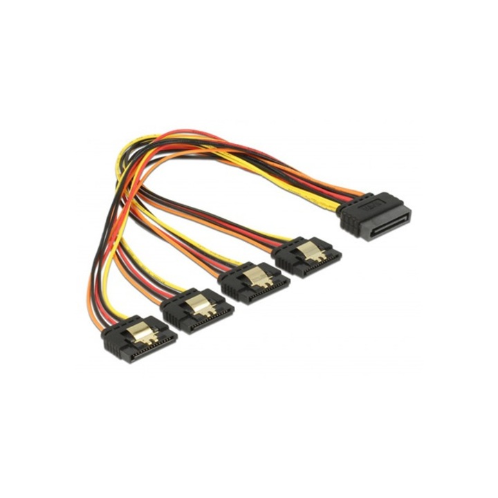 Захранващ кабел Delock, SATA Power 15pin мъжки, 4 х SATA Power 15pin женски, 0.3 м