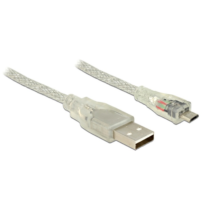 Delock USB 2.0-s kábel A-típusú csatlakozódugóval > USB 2.0 Micro-B csatlakozódugóval 2 m, áttetsző (DL-83901)