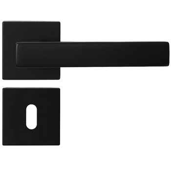 Maner usa interior, Verofer Clio, cu rozeta patrata pentru cheie, culoare negru mat, material zamac, 124x50mm Maner usa interior, Verofer Clio, cu rozeta patrata pentru cheie, culoare negru mat, material zamac, 124x50mm