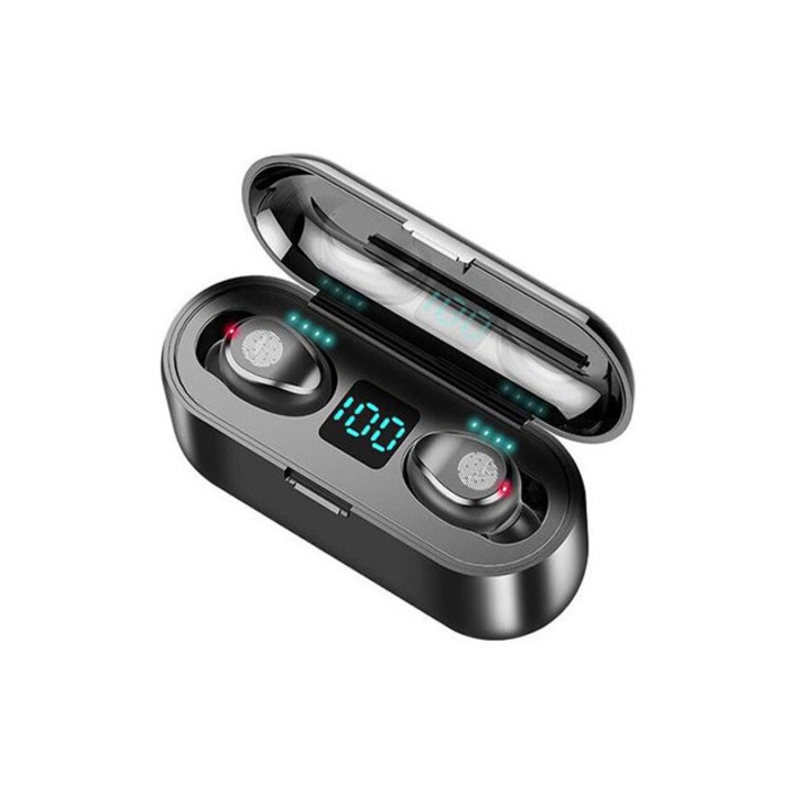 Безжични слушалки F9, In-Ear, Bluetooth V5.0, LED, Зарядна кутия 2000 mAh, Сензорно управление, Hi-Fi звук, Черни