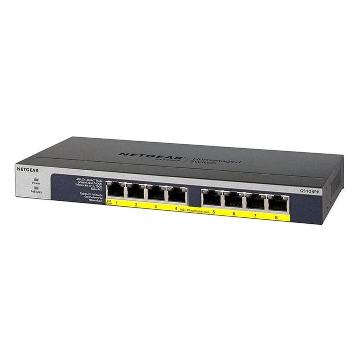 Netgear GS108PP-100EUS Netgear 8-PT PoE+ Gigabit Switch PoE 123W szürke switch