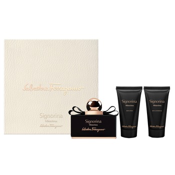 Set Salvatore Ferragamo, Signorina Misteriosa, Femei: Apa de Parfum, 50 ml + Lotiune de corp, 50 ml + Gel de dus, 50 ml Set Salvatore Ferragamo, Signorina Misteriosa, Femei: Apa de Parfum, 50 ml + Lotiune de corp, 50 ml + Gel de dus, 50 ml