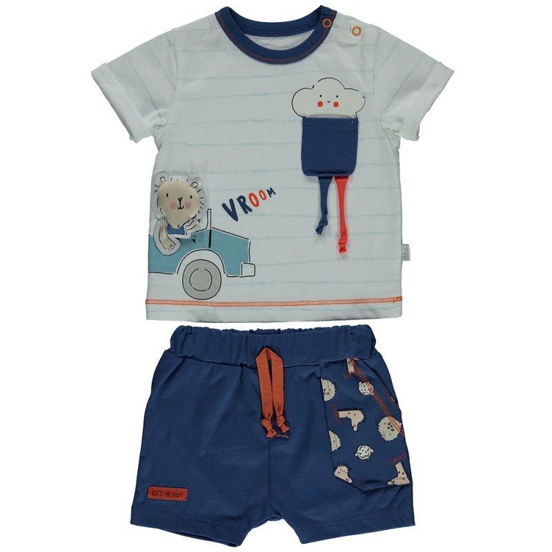 Set 2 piese bumbac, tricou si pantalon scurt, cu imprimeu, Bebetto - Friendship, Indigo