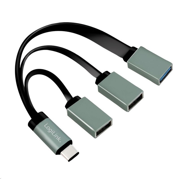 Хъб с кабел, LogiLink, USB/C 3 порта, сив