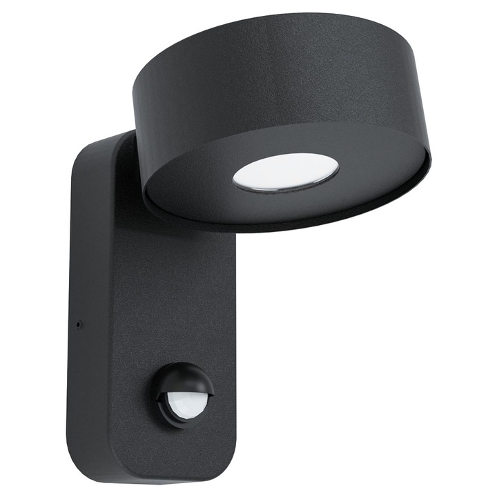 Aplica exterior, cu senzor, PALOSCO, EGLO, LED, 6W, lumina calda, otel zincat, negru, plastic, 11.5 x 17 x 15.5 cm, IP44