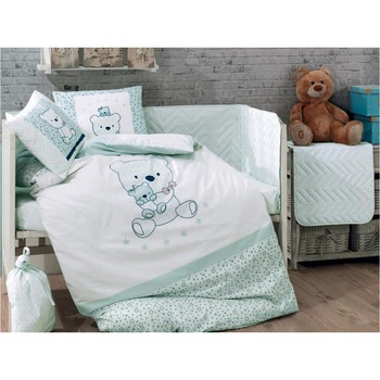 Lenjerie de Pat pentru Bebelusi, 4 piese, 100% Bumbac Poplin - Confort Baby Bear, Verde Lenjerie de Pat pentru Bebelusi, 4 piese, 100% Bumbac Poplin - Confort Baby Bear, Verde