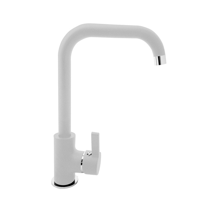Смесител за кухня Pyramis SILVIO, едноръкохватков, висок кран, аератор с ограничение на потока, бяло покритие