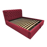 Pat tapitat Crystal Rosu, MobAmbient, cu tablie Chesterfield din catifea, somiera metalica rabatabila, lada de depozitare, pentru saltea 160 x 200 cm